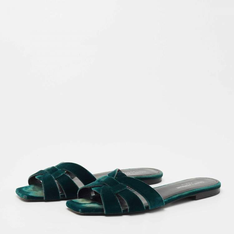 Pre Owned Saint Laurent Dark Green Velvet Tribute Flat Slides Size 37.5