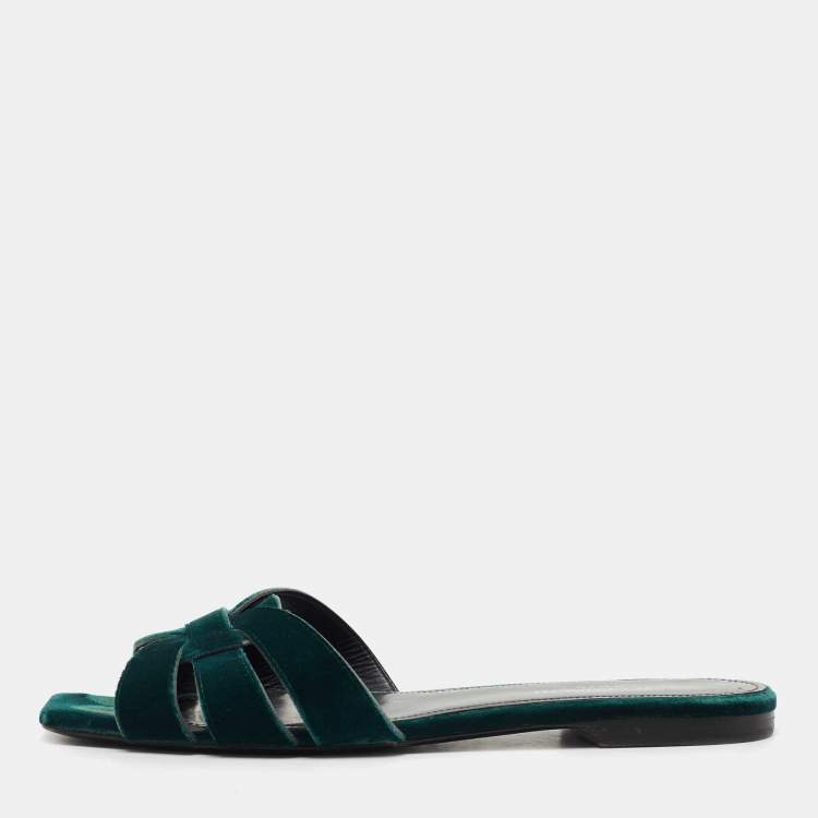 Pre Owned Saint Laurent Dark Green Velvet Tribute Flat Slides Size 37.5