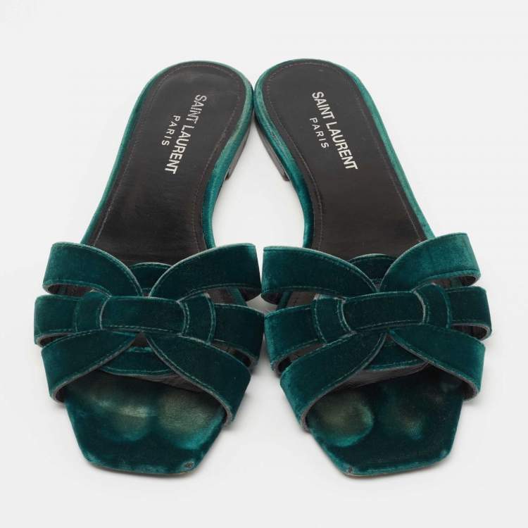 Pre Owned Saint Laurent Dark Green Velvet Tribute Flat Slides Size 37.5