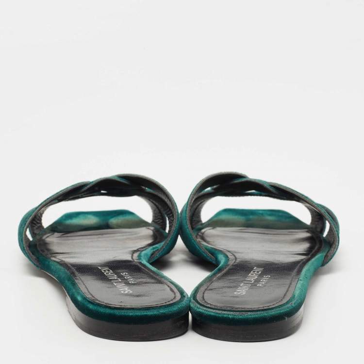 Pre Owned Saint Laurent Dark Green Velvet Tribute Flat Slides Size 37.5