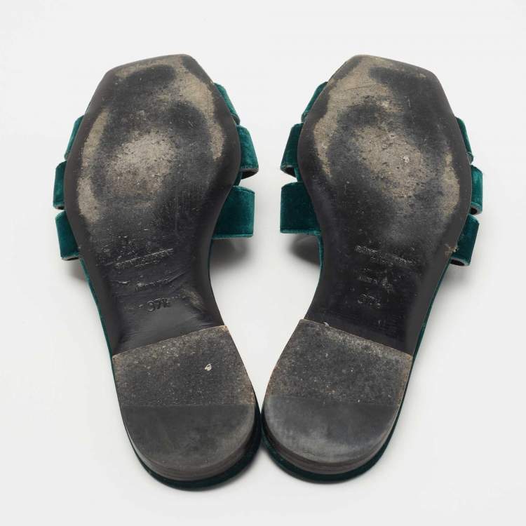 Pre Owned Saint Laurent Dark Green Velvet Tribute Flat Slides Size 37.5
