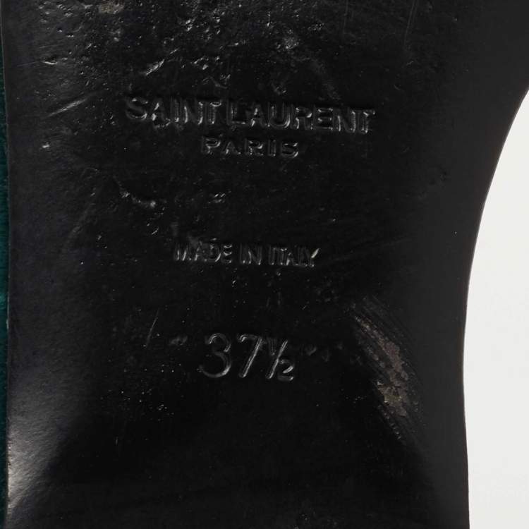 Pre Owned Saint Laurent Dark Green Velvet Tribute Flat Slides Size 37.5