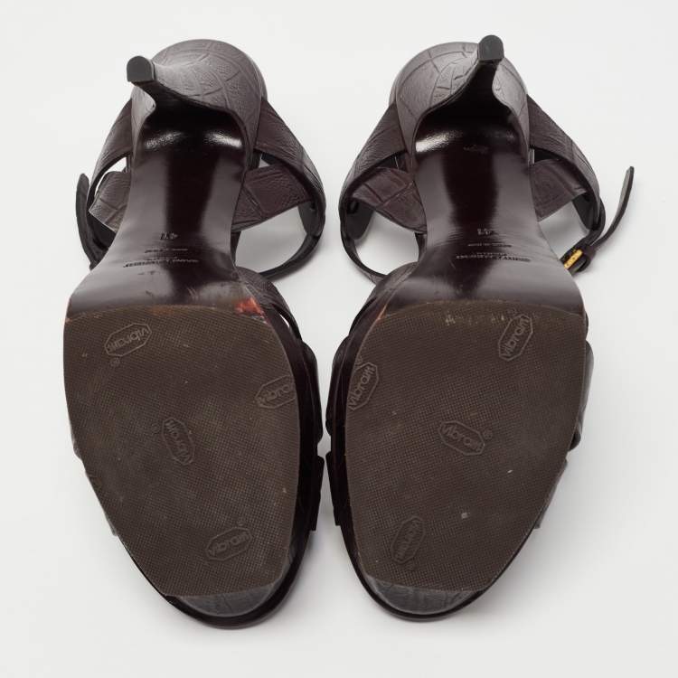 Pre Owned Saint Laurent Dark Brown Croc Embossed Leather Tribute Sandals Size 41