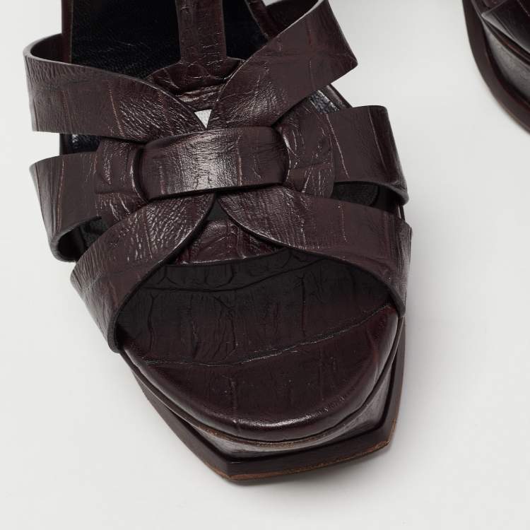 Pre Owned Saint Laurent Dark Brown Croc Embossed Leather Tribute Sandals Size 41