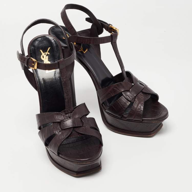 Pre Owned Saint Laurent Dark Brown Croc Embossed Leather Tribute Sandals Size 41