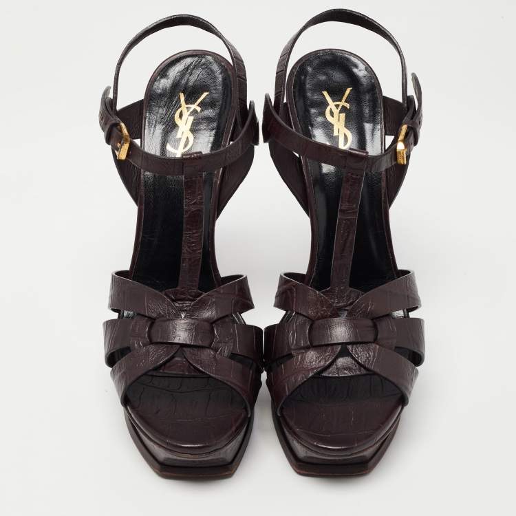Pre Owned Saint Laurent Dark Brown Croc Embossed Leather Tribute Sandals Size 41
