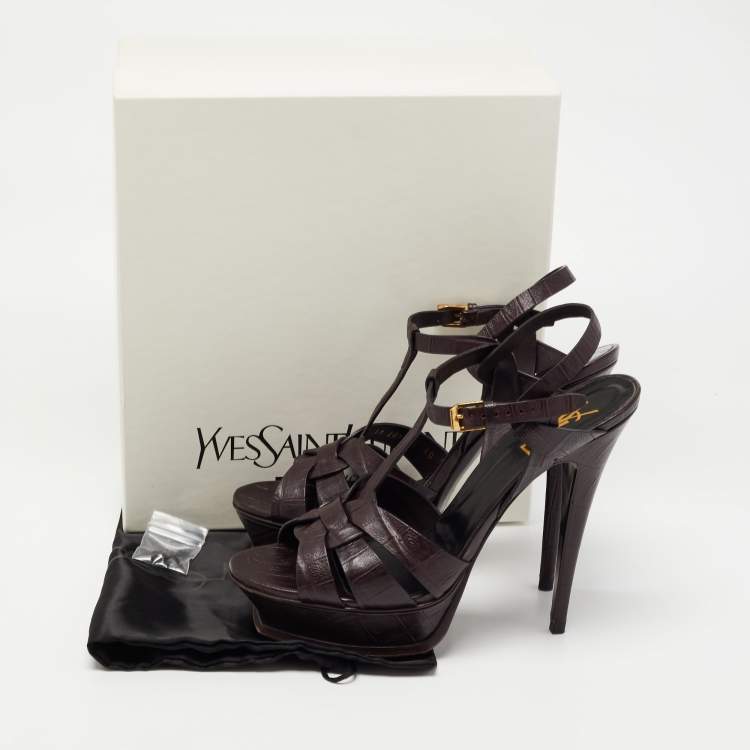 Pre Owned Saint Laurent Dark Brown Croc Embossed Leather Tribute Sandals Size 41