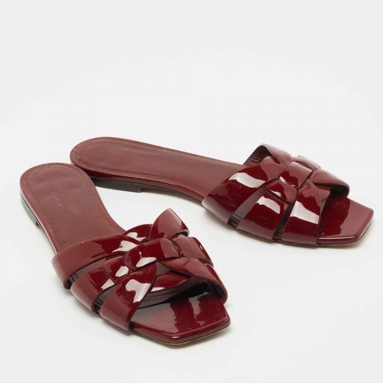 Pre Owned Saint Laurent Burgundy Patent Leather Tribute Flat Slides Size 38