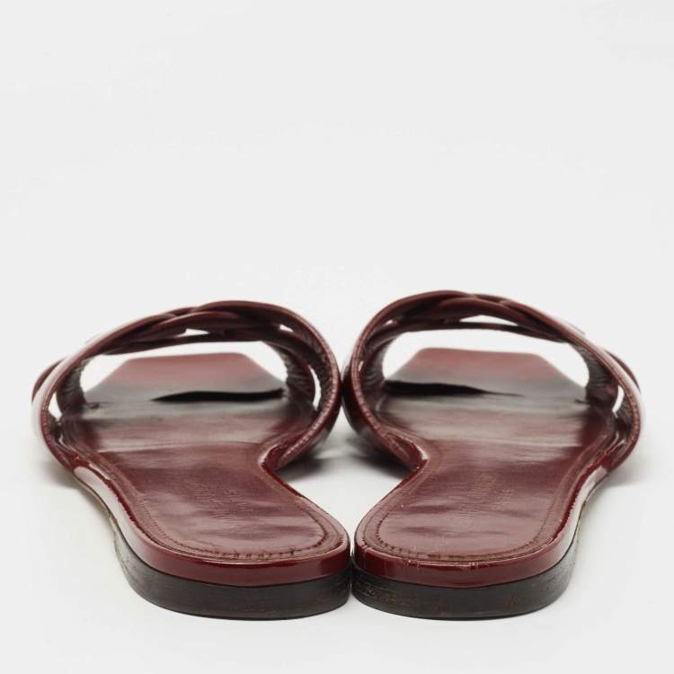 Pre Owned Saint Laurent Burgundy Patent Leather Tribute Flat Slides Size 38