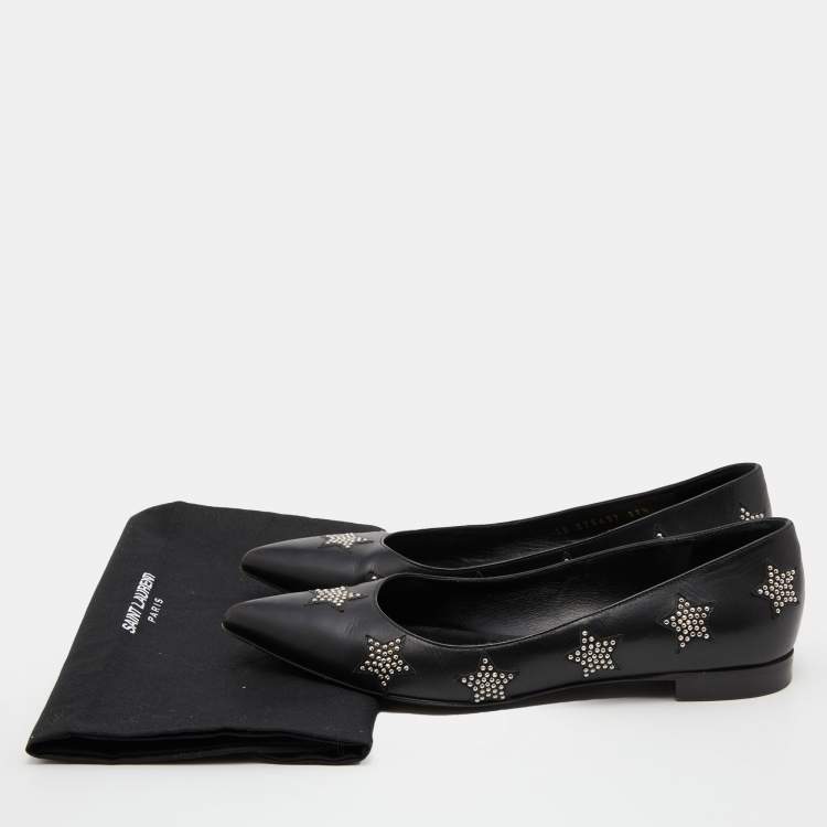 Pre Owned Saint Laurent Black Leather Star Studded Pointed Toe Ballet Flats Size 37.5