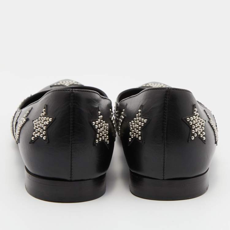 Pre Owned Saint Laurent Black Leather Star Studded Pointed Toe Ballet Flats Size 37.5