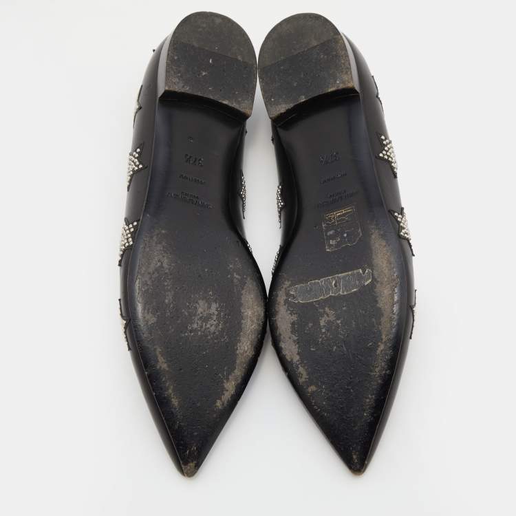 Pre Owned Saint Laurent Black Leather Star Studded Pointed Toe Ballet Flats Size 37.5
