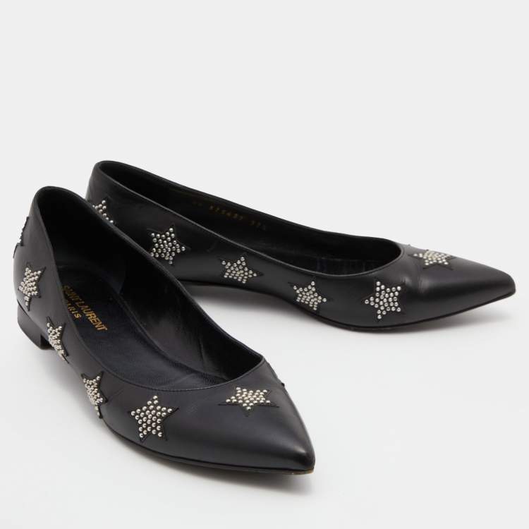 Pre Owned Saint Laurent Black Leather Star Studded Pointed Toe Ballet Flats Size 37.5