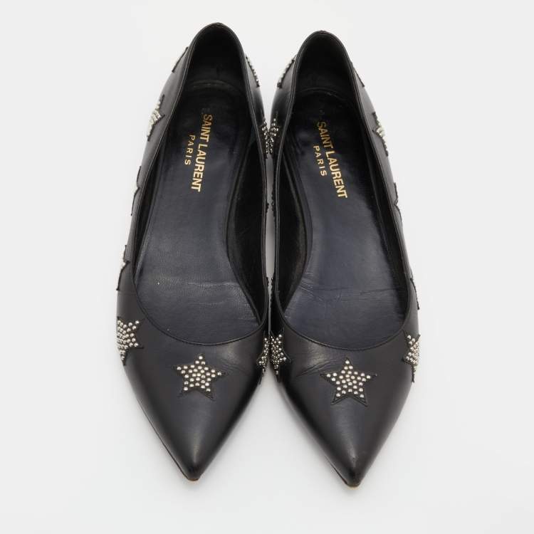 Pre Owned Saint Laurent Black Leather Star Studded Pointed Toe Ballet Flats Size 37.5