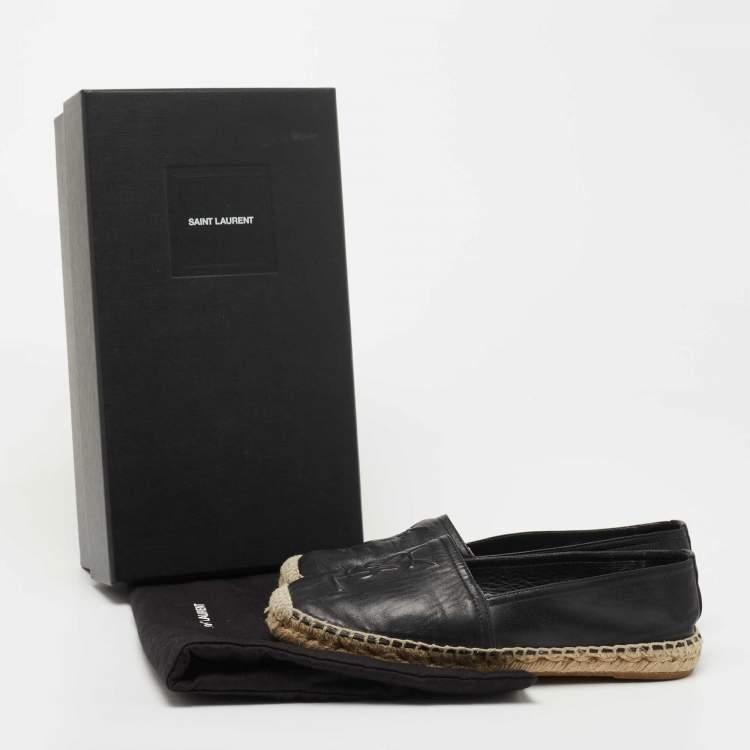 Pre Owned Saint Laurent Paris Black Leather Logo Espadrille Flats Size 36