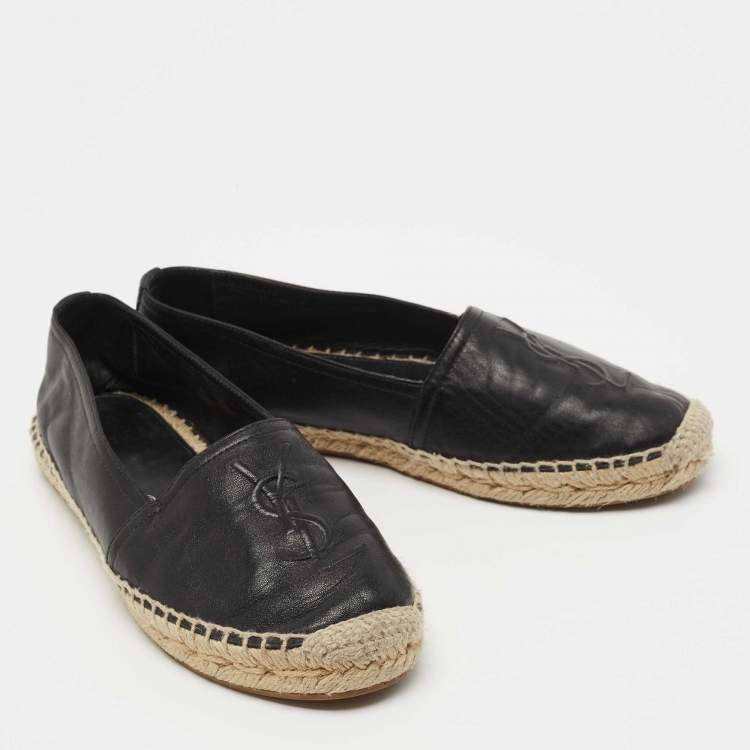 Pre Owned Saint Laurent Paris Black Leather Logo Espadrille Flats Size 36