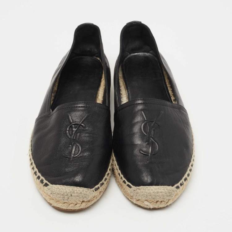 Pre Owned Saint Laurent Paris Black Leather Logo Espadrille Flats Size 36
