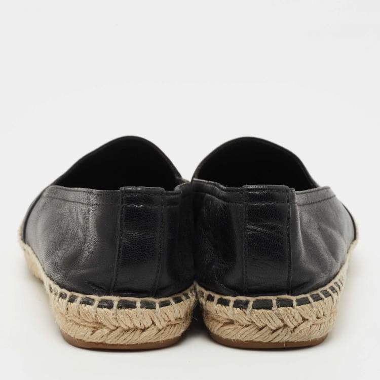 Pre Owned Saint Laurent Paris Black Leather Logo Espadrille Flats Size 36