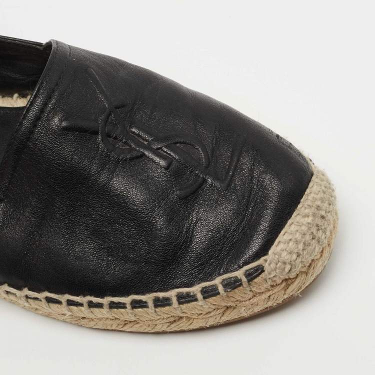 Pre Owned Saint Laurent Paris Black Leather Logo Espadrille Flats Size 36