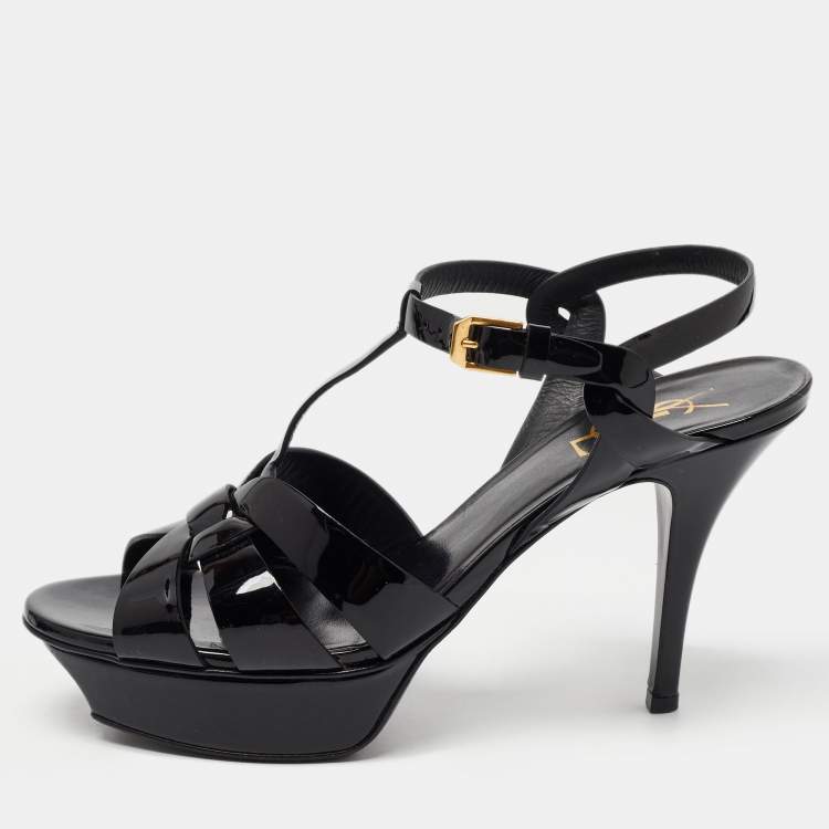 Pre Owned Saint Laurent Paris Black Patent Leather Tribute Sandals Size 38.5 