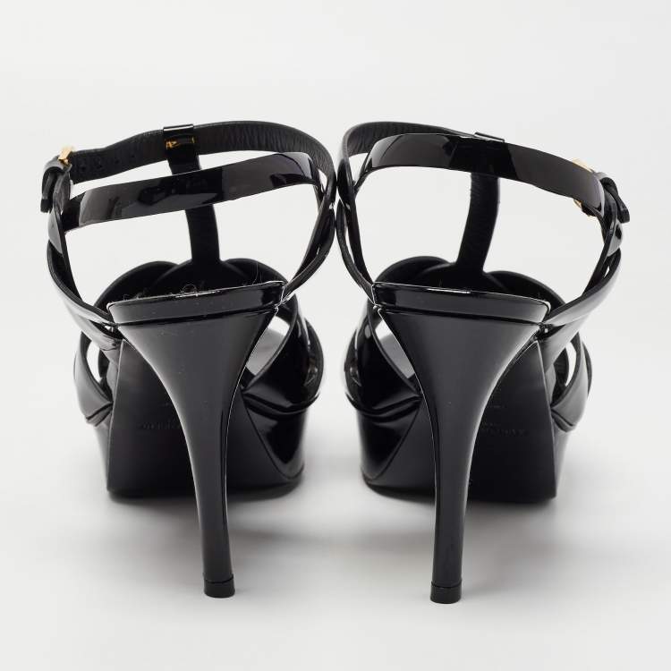 Pre Owned Saint Laurent Paris Black Patent Leather Tribute Sandals Size 38.5 