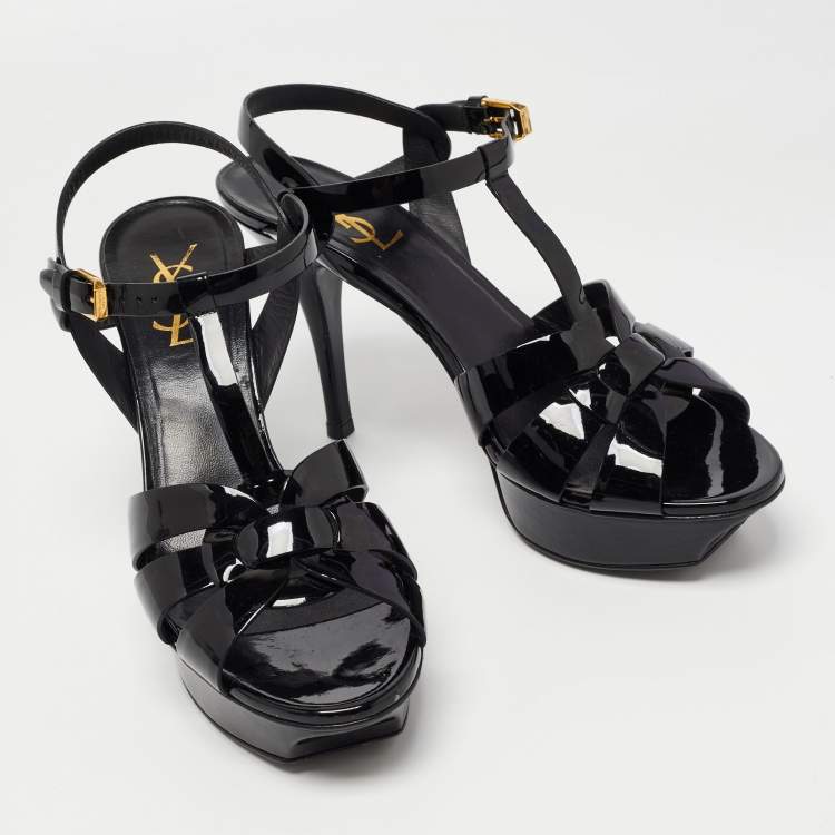 Pre Owned Saint Laurent Paris Black Patent Leather Tribute Sandals Size 38.5 