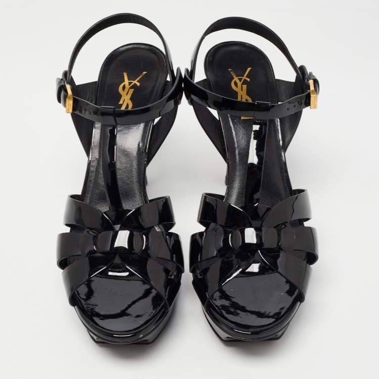 Pre Owned Saint Laurent Paris Black Patent Leather Tribute Sandals Size 38.5 