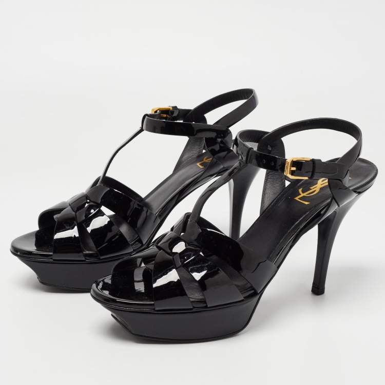 Pre Owned Saint Laurent Paris Black Patent Leather Tribute Sandals Size 38.5 