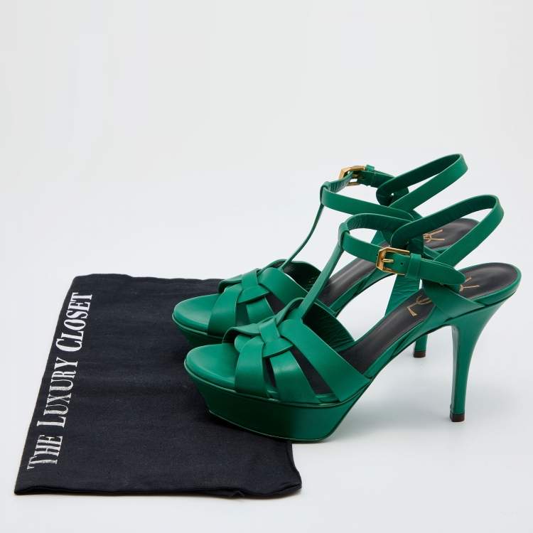مملوكة مسبقًا Saint Laurent Green Leather Tribute Platform Sandals Size 36