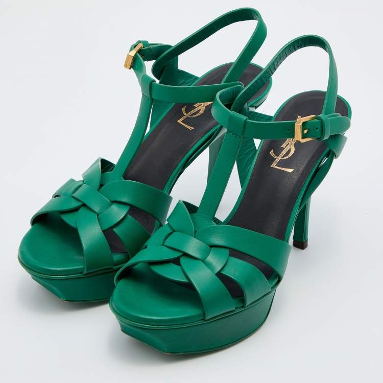 مملوكة مسبقًا Saint Laurent Green Leather Tribute Platform Sandals Size 36