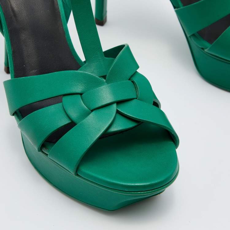 مملوكة مسبقًا Saint Laurent Green Leather Tribute Platform Sandals Size 36