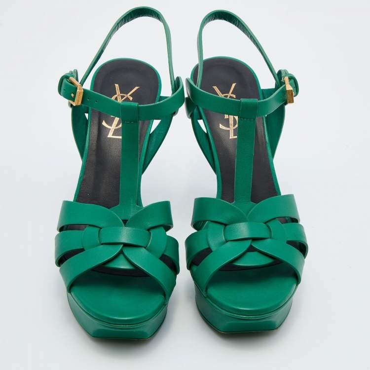 مملوكة مسبقًا Saint Laurent Green Leather Tribute Platform Sandals Size 36