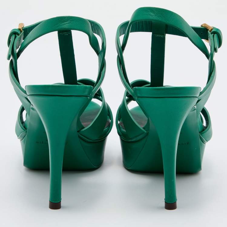 مملوكة مسبقًا Saint Laurent Green Leather Tribute Platform Sandals Size 36