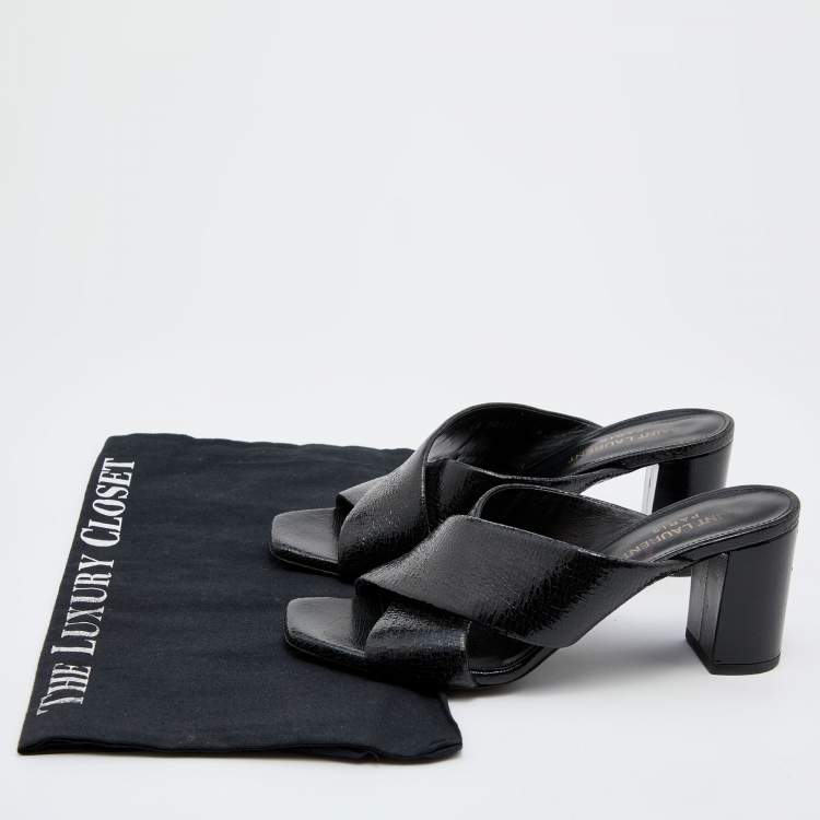 مملوكة مسبقًا Saint Laurent Black Patent Leather Loulou Cross Strap Slide Sandals Size 36