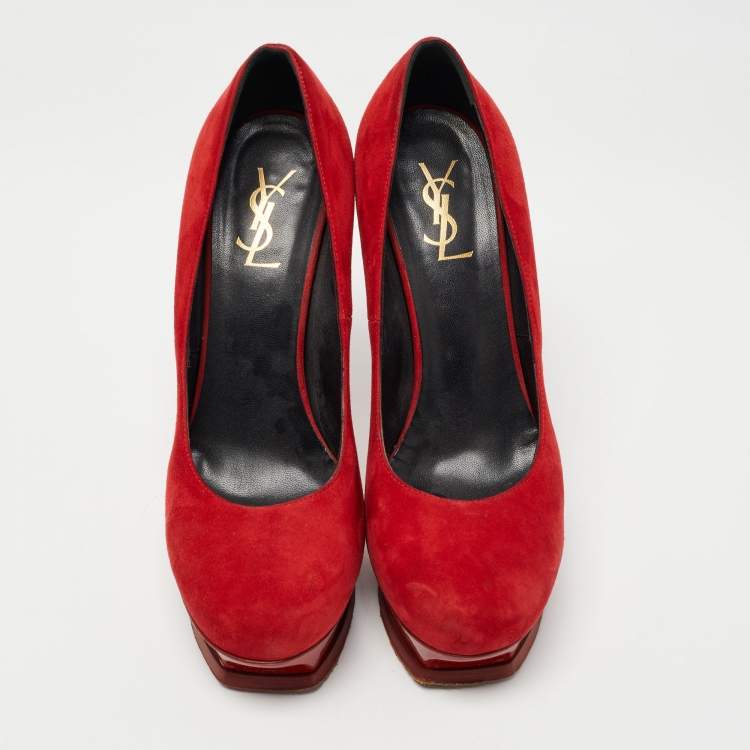 Pre Owned Saint Laurent Red Suede Platform Pumps Size 40.5