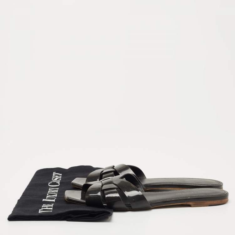 Pre Owned Saint Laurent Paris  Grey Patent Tribute Flat Slides Size 37.5  