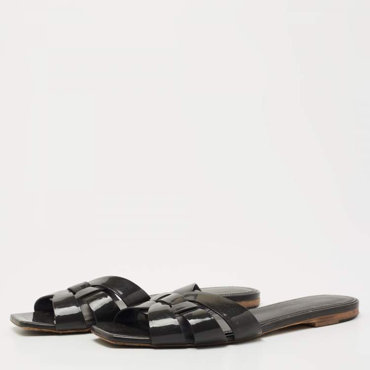 Pre Owned Saint Laurent Paris  Grey Patent Tribute Flat Slides Size 37.5  
