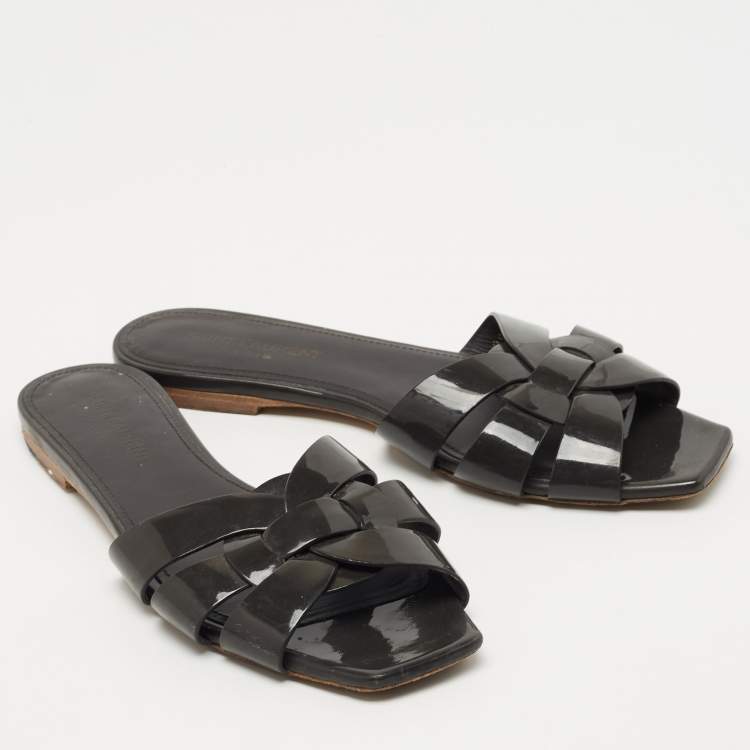 Pre Owned Saint Laurent Paris  Grey Patent Tribute Flat Slides Size 37.5  