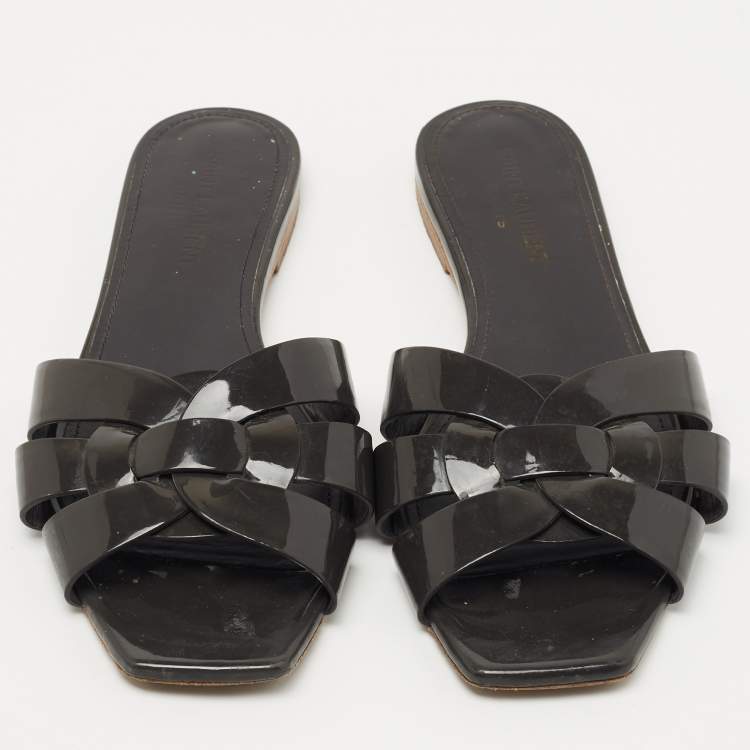 Pre Owned Saint Laurent Paris  Grey Patent Tribute Flat Slides Size 37.5  