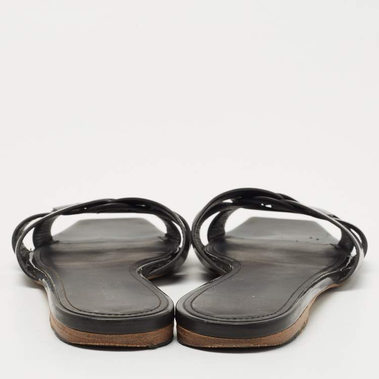 Pre Owned Saint Laurent Paris  Grey Patent Tribute Flat Slides Size 37.5  