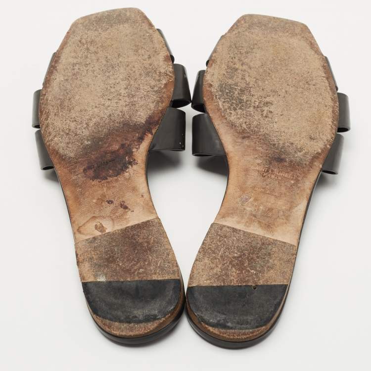 Pre Owned Saint Laurent Paris  Grey Patent Tribute Flat Slides Size 37.5  
