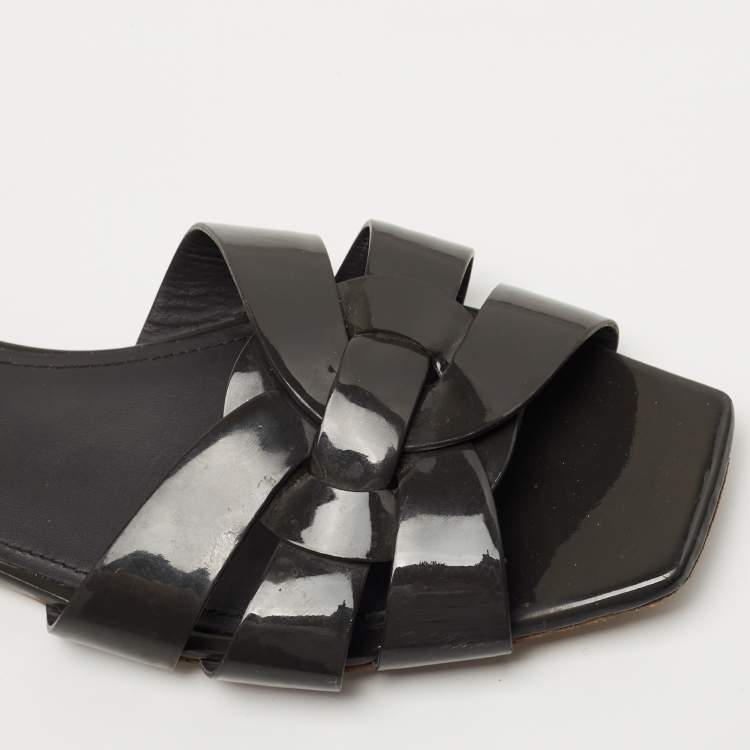 Pre Owned Saint Laurent Paris  Grey Patent Tribute Flat Slides Size 37.5  
