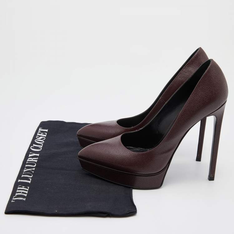 Pre Owned Saint Laurent Burgundy Patent Leather Janis Pointed Toe Platform Pumps Size 37