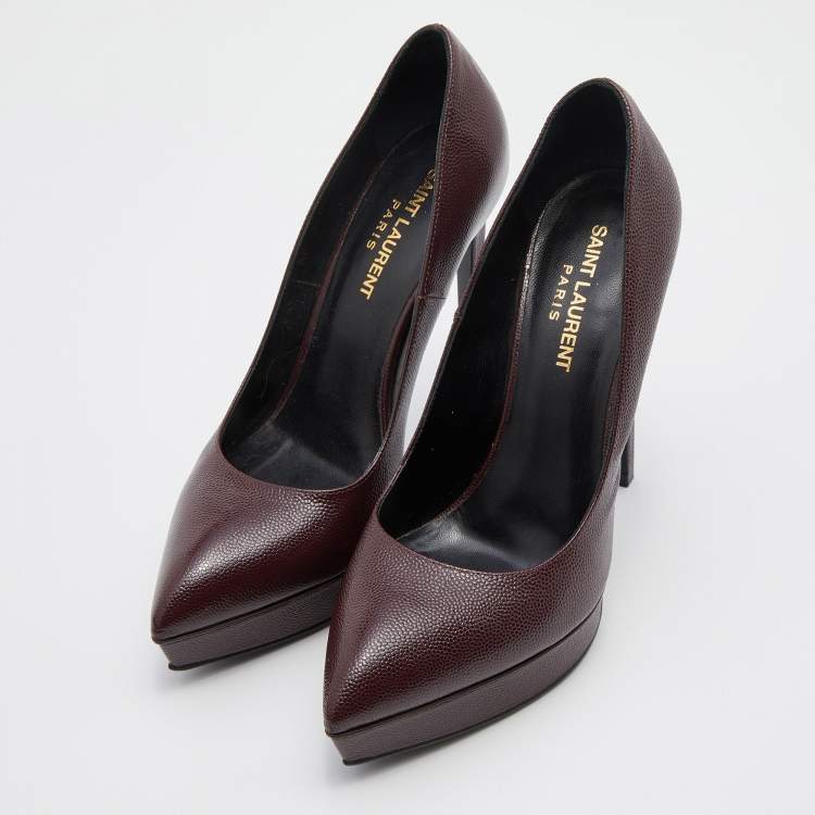 Pre Owned Saint Laurent Burgundy Patent Leather Janis Pointed Toe Platform Pumps Size 37