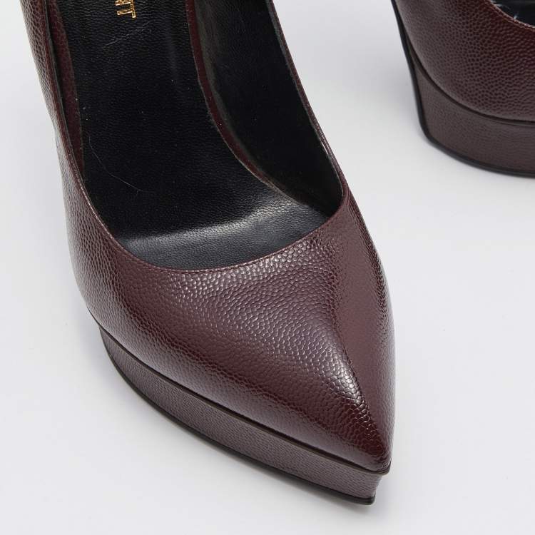 Pre Owned Saint Laurent Burgundy Patent Leather Janis Pointed Toe Platform Pumps Size 37