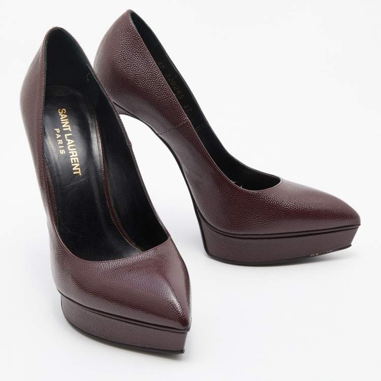 Pre Owned Saint Laurent Burgundy Patent Leather Janis Pointed Toe Platform Pumps Size 37