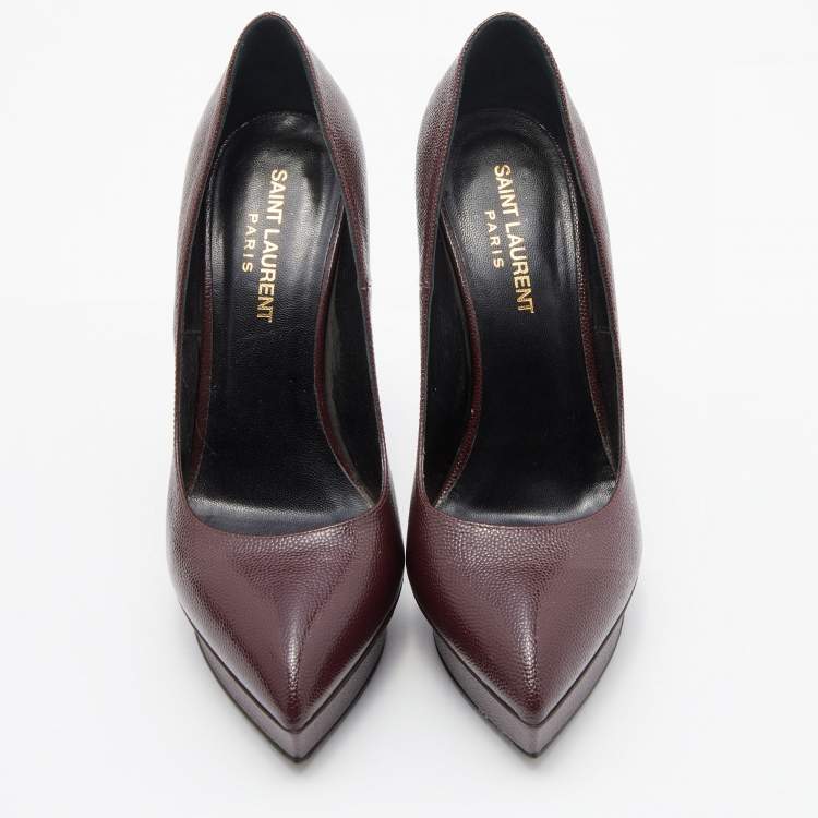 Pre Owned Saint Laurent Burgundy Patent Leather Janis Pointed Toe Platform Pumps Size 37