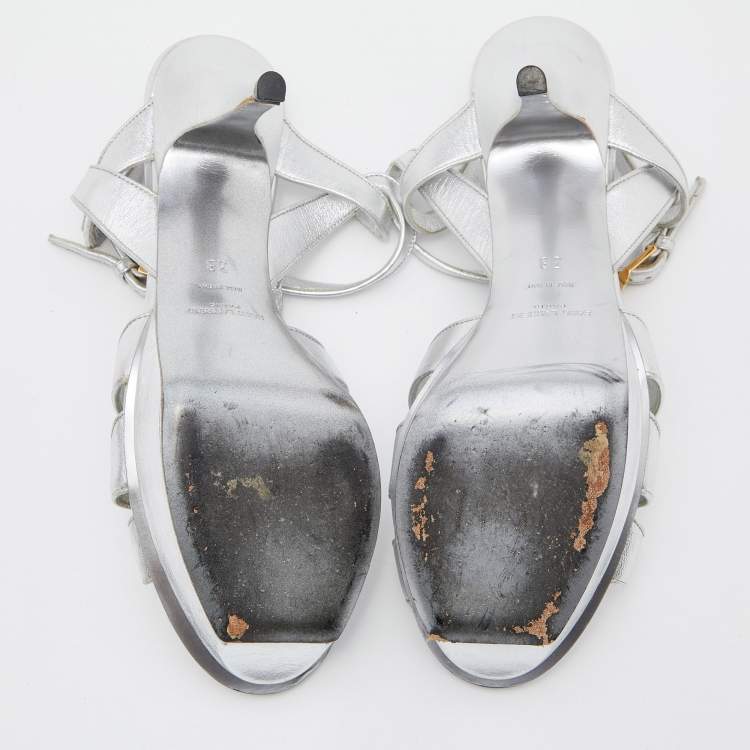 Pre Owned Saint Laurent Silver Leather Tribute Platform Sandals Size 38
