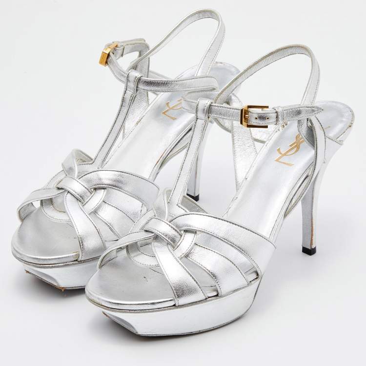 Pre Owned Saint Laurent Silver Leather Tribute Platform Sandals Size 38