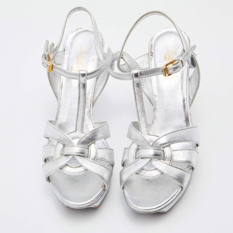 Pre Owned Saint Laurent Silver Leather Tribute Platform Sandals Size 38